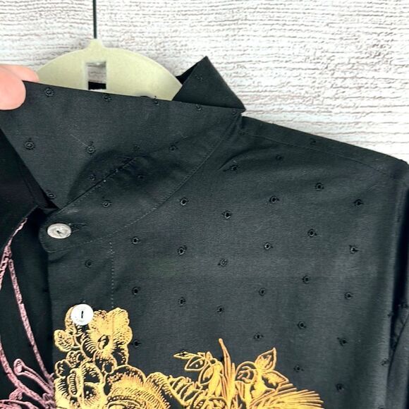 GF FERRE Vintage Printed Embroidered Black Button Up Shirt Eyelet Slim Fit M-L - Picture 5 of 14